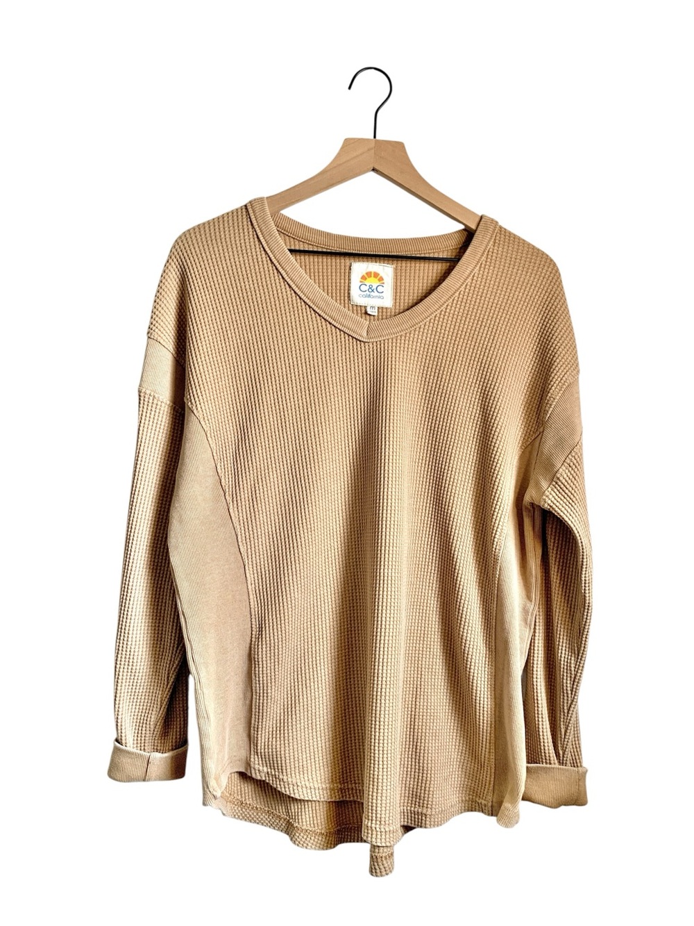 C&C California Women Tan Waffle Knit V-Neck Thermal Pullover Drop Sleeve Top